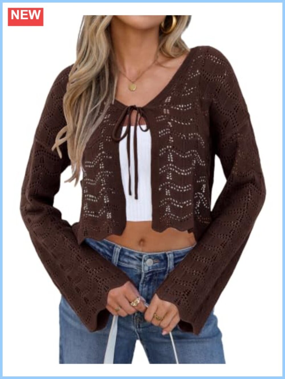 Crochet Tie Front Bell Sleeve Cropped Cardigan Shrug